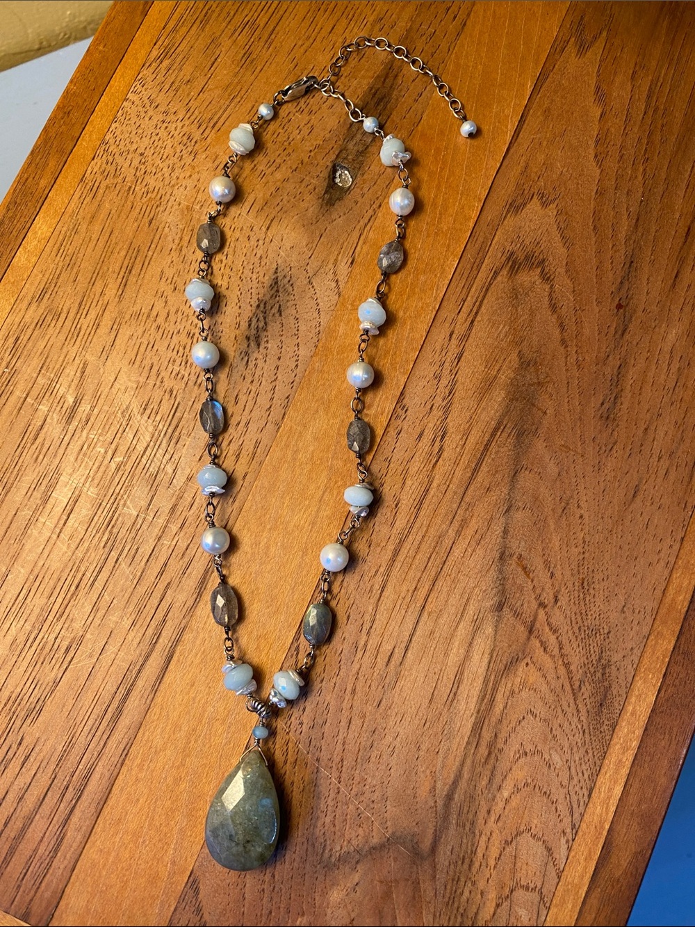 Labradorite, Pearl & Aquamarine Handmade Necklace on Sterling Silver Chain